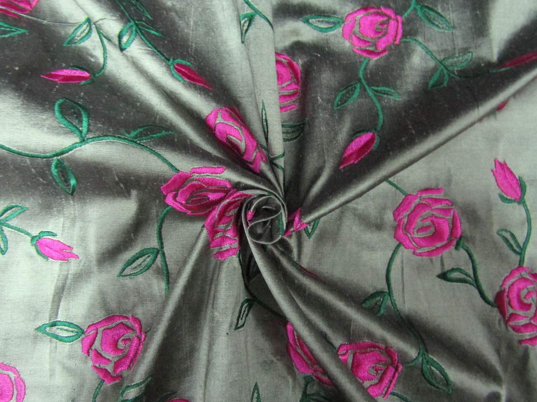 Soie Dupion Noir aux Broderies Florales Vert Rose | Éveillez Votre Créativité Poétique
