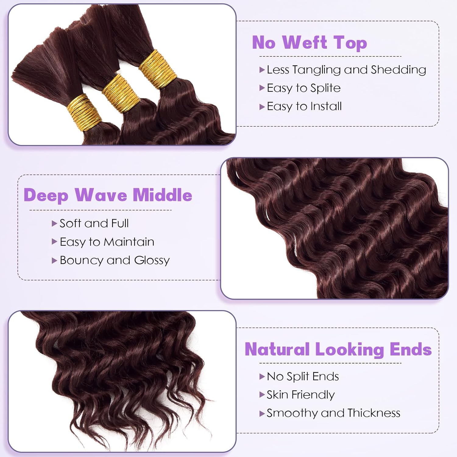 Boho Hair for Braiding 300g 20 Inch Deep Wave Bulk Hair for Braiding No Weft Wet and Wavy Deep Wave Bundles Burgundy Long Curly Synthetic Braiding Hair for Boho Braids 3 Bundles 99J