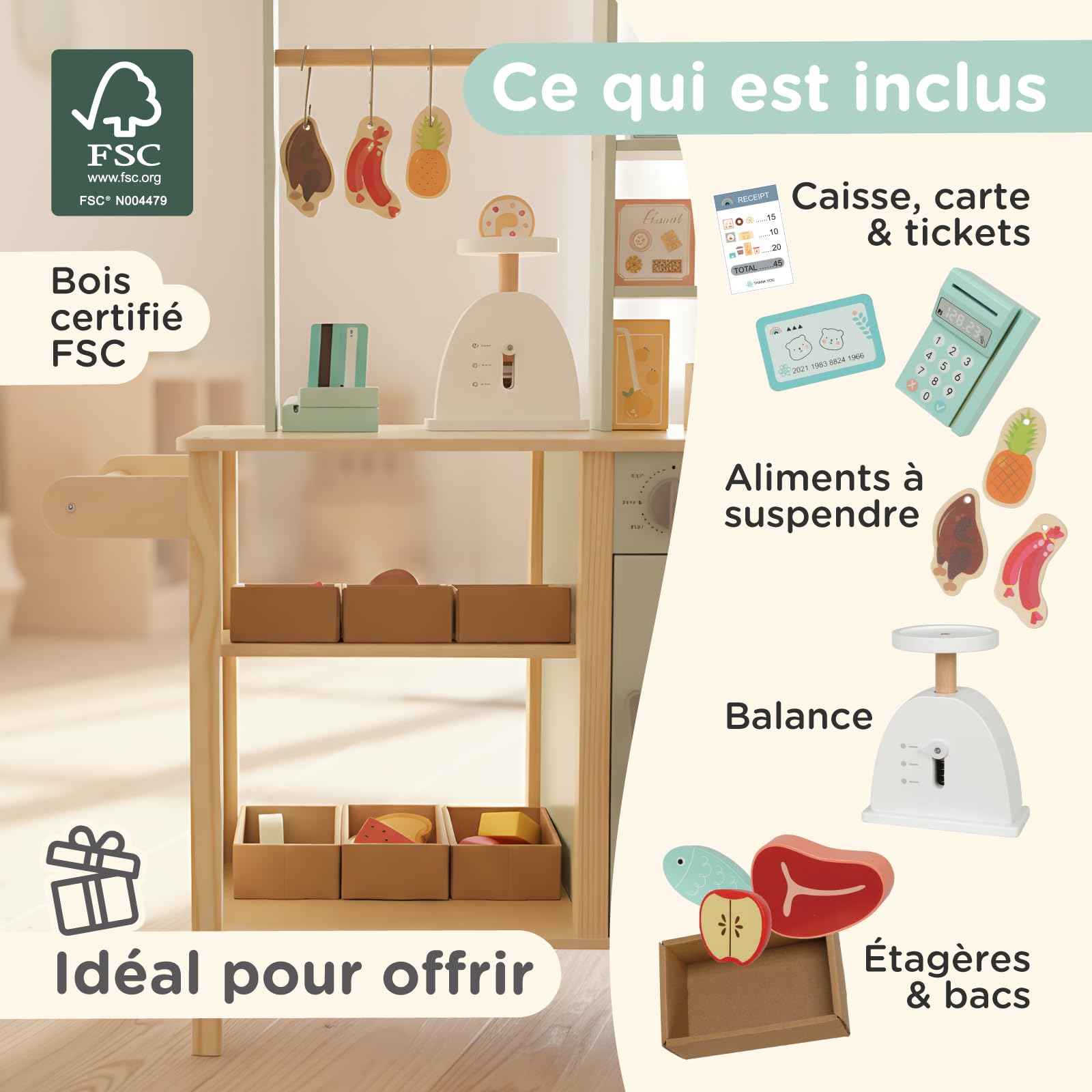Nene Toys Marchande Enfant en Bois – Stand Marchande / Épicerie Tout-en-Un avec Caisse enregistreuse, Balance, Ardoise, Bacs inclinés & Roulettes – Côté réversible avec Four – Jouet 3–7 ans