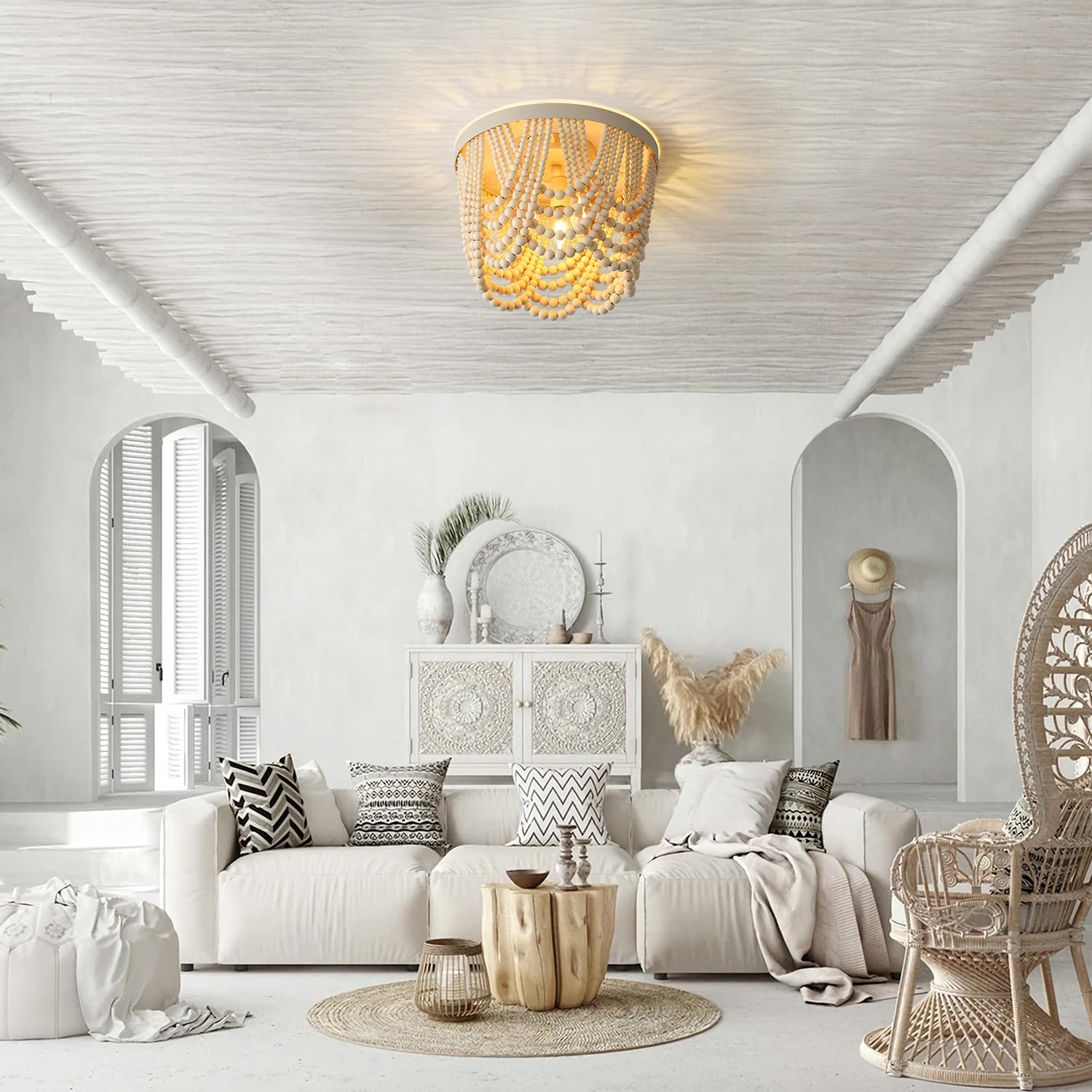 Bohemian Wood Beaded lamp 3-Light recessed Mounted Ceiling lamp Primary Color Antique Rustic mini Chandelier for Dining Room, Bedroom, Girl Room，Nursery, Hallway, Entrance, Passageway