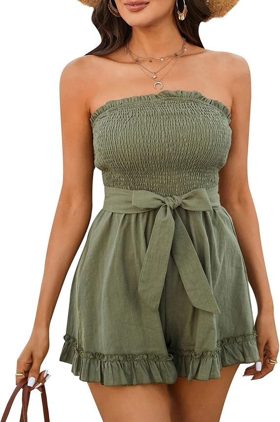 Zexxxy Womens Summer Rompers Cotton Linen Smocked Short Jumpsuits Off Shoulder Ruffle Vacation Beach Outfits S-XXL