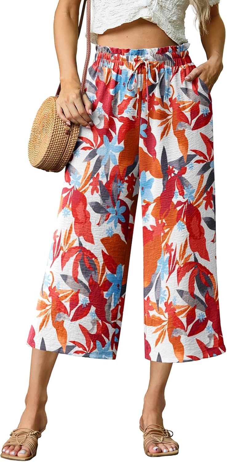 Capri Pants for Women High Waisted Wide Leg Casual Lounge Pant Summer Capris Adjustable Drawstring with Pockets