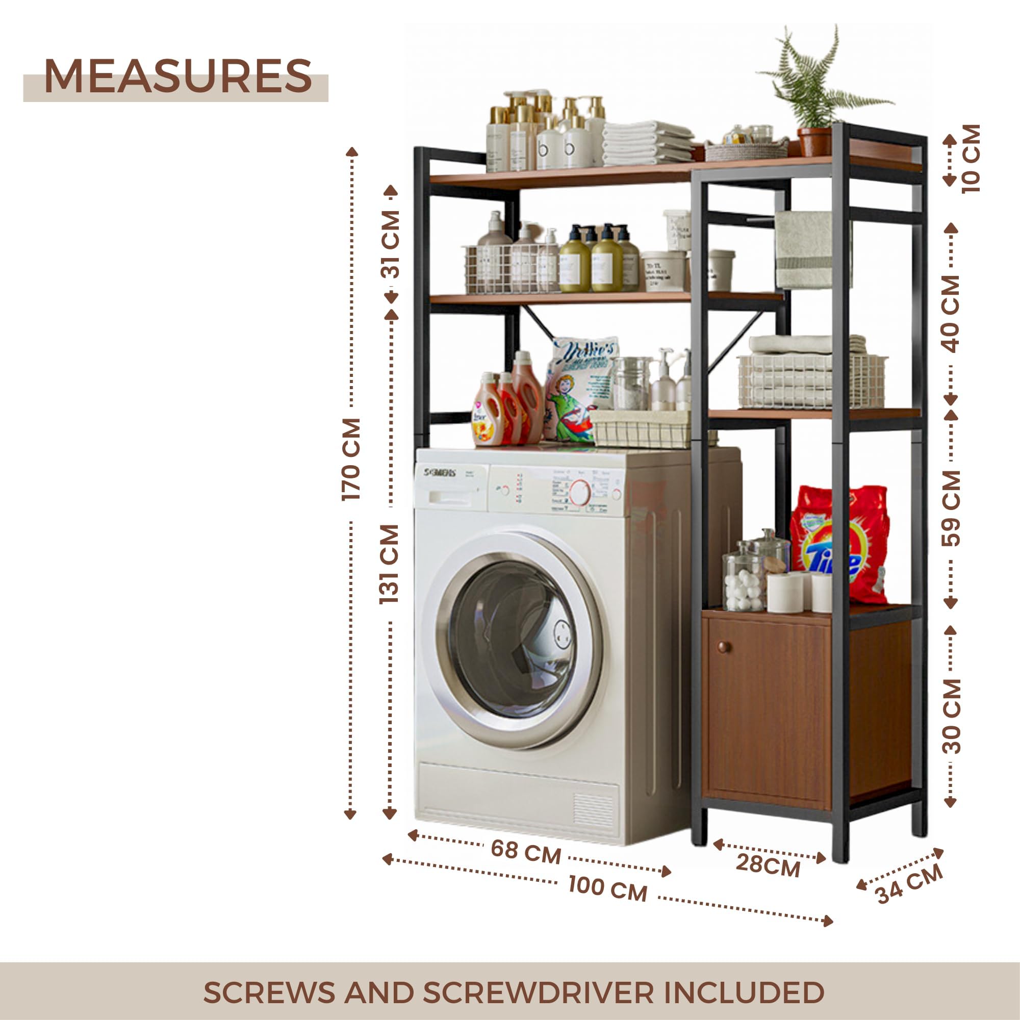 Estantería Superior para Lavadora | Estante Organizador de Baño Ahorra Espacio | Mueble de Almacenamiento para Cuarto de Baño | Estante con 3 Baldas, 1 Cajón y 1 Barra Toallero. | Madera E1 y Acero.