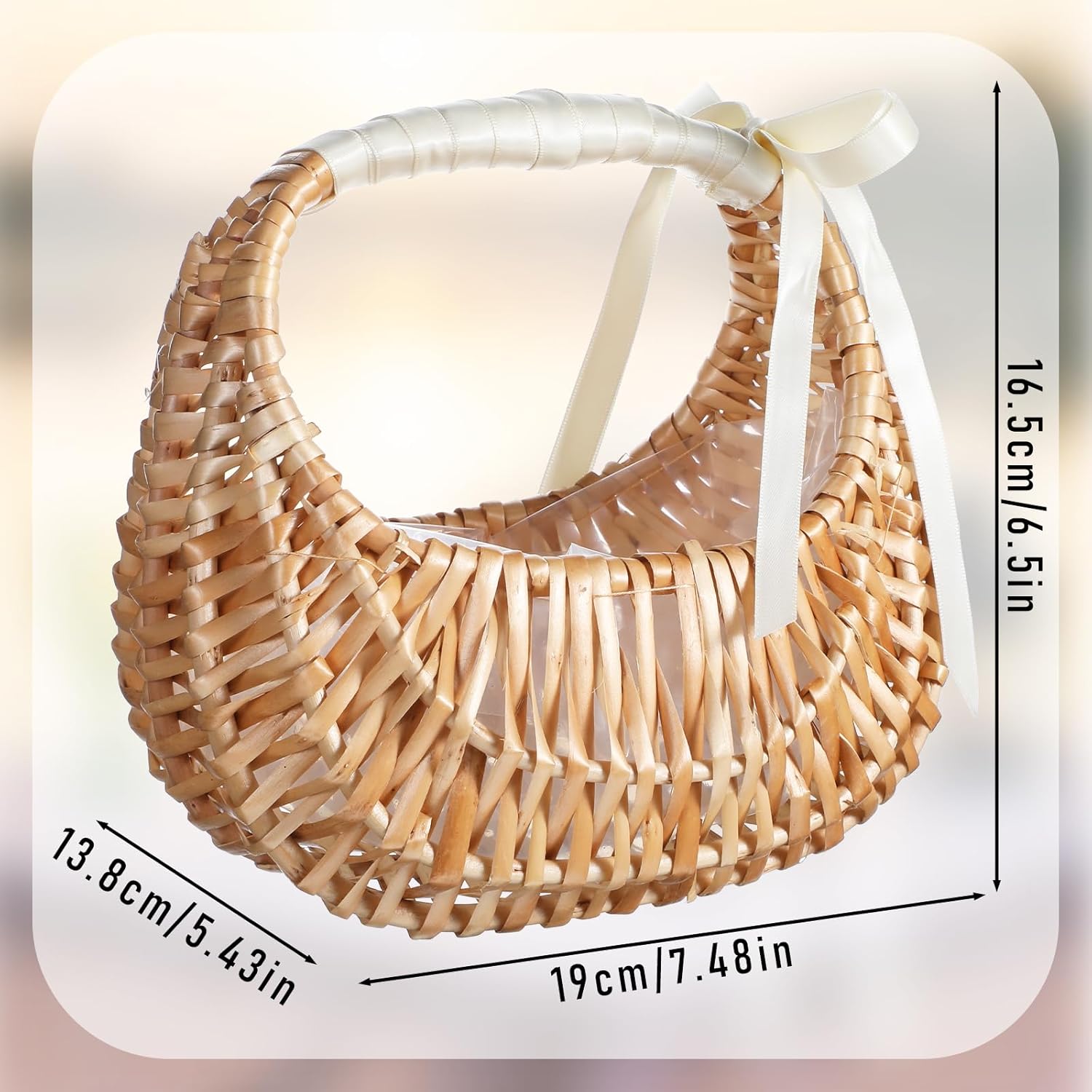 Kifmurase 4PCS Flower Girl Baskets, Boho Small Wicker Basket with Handle, Easter Petal Candy Storage Basket Bulk, Half Moon Rattan Woven Baskets for Wedding Picnic Garden Home Decor, 7.4 × 6.5 Inch