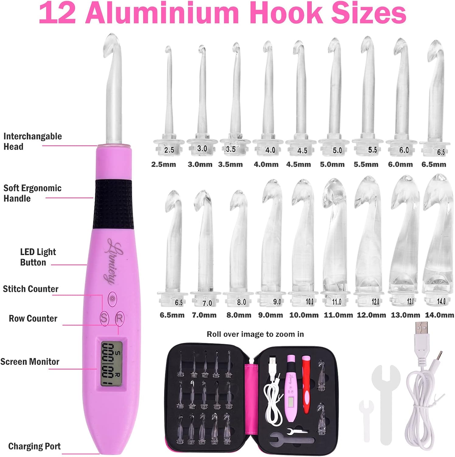 17 Sizes Counting Crochet Hook Set Digital 2.50~14.0mm,2 Levels Brightness Dimmable Light Up Crochet Hooks for Stitch & Row Counter,Beginner Knitting Kit with 17Interchangeable Crochet Hooks