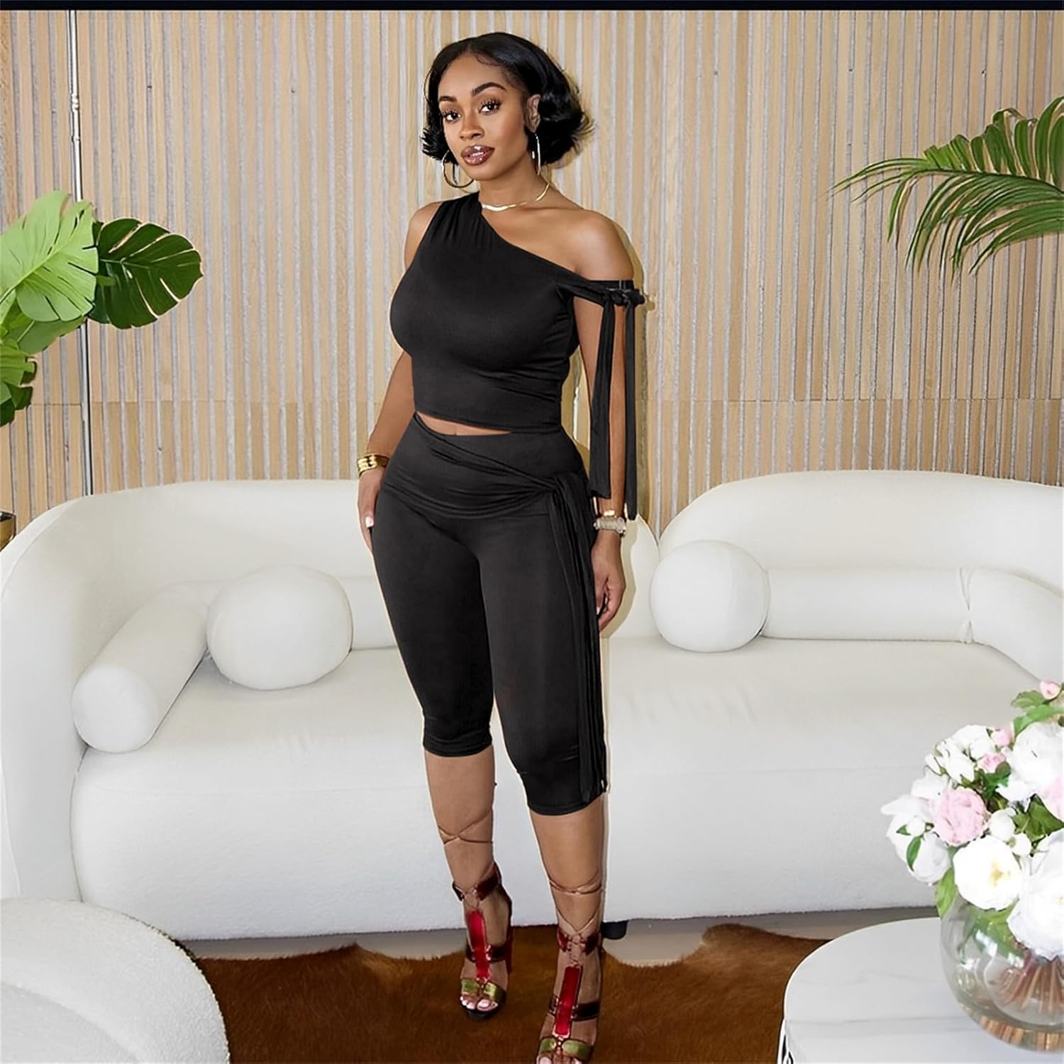 Elainone Capri Sets Women 2 Piece Outfits Sexy One Shoulder Sleeveless Crop Tops Bodycon Pant Sets - Image 6