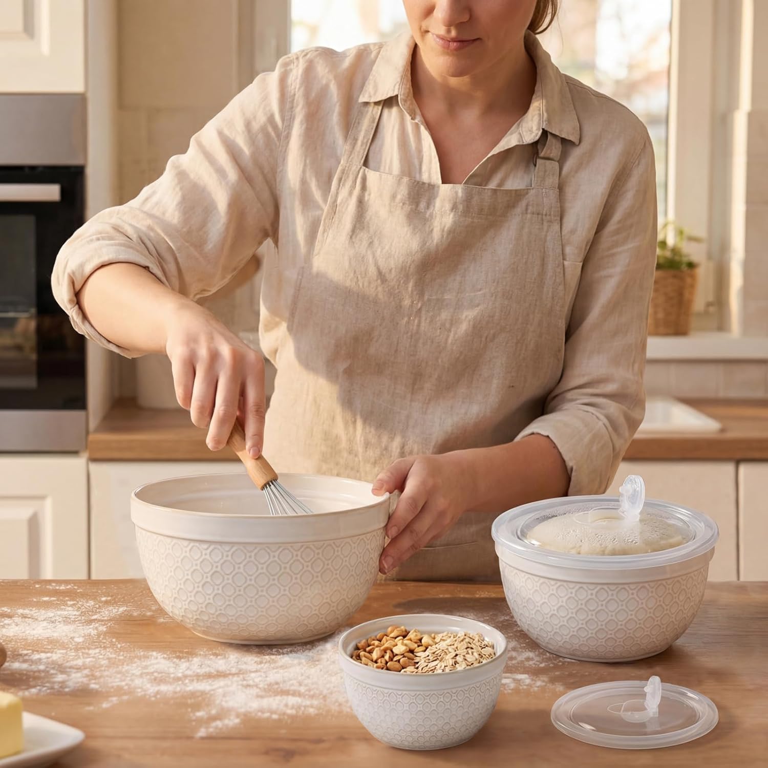 Ceramic Mixing Bowls 3-Piece: Nesting Ceramic Bowls with Lids - Microwave Safe for Kitchen Baking and Serving - Ideal for Home Bakers (White)