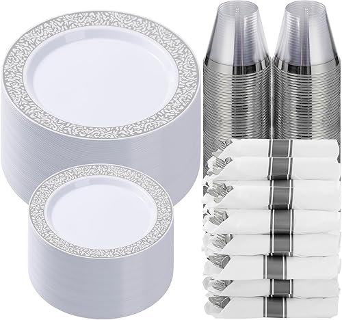 Goodluck 175 Piece Silver Plastic Dinnerware Set for 25 Guests, Disposable Plates Cups Napkins Sets, Include 25 Party Dinner Plates, 25 Dessert
