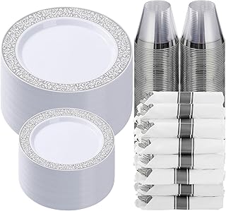 Goodluck 350pc Silver Plastic Dinnerware Set for 50 Guests - Disposable Lace Plates, Napkins, Silverware & Cups
