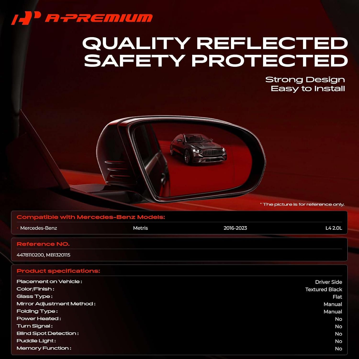A-Premium Driver Side Manual Door Mirror Compatible with Mercedes-Benz image 2
