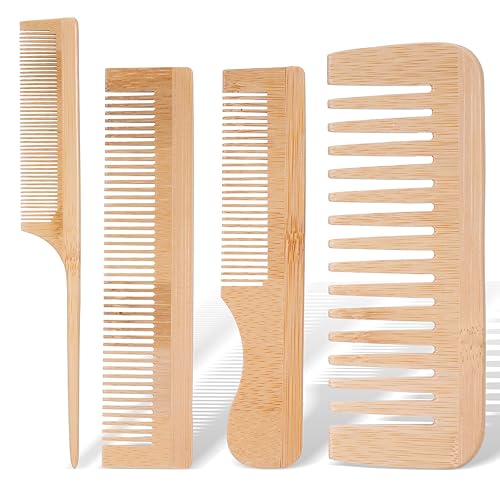 4 Pcs Wooden Hair Comb Wooden Wide Tooth Comb Handmade Bamboo Anti-Static Combs Set for Curly Thick Wavy Hair Women Men