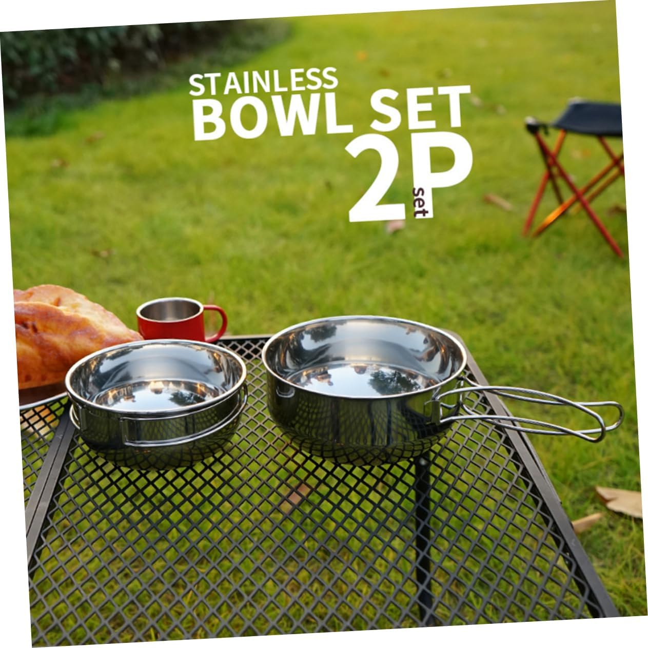 Kisangel 3Pcs Outdoor Camping Tableware Stainless Steel Folding Bowls with Mesh Bag Rust Resistant Portable Cookware for Hiking Fishing Picnic