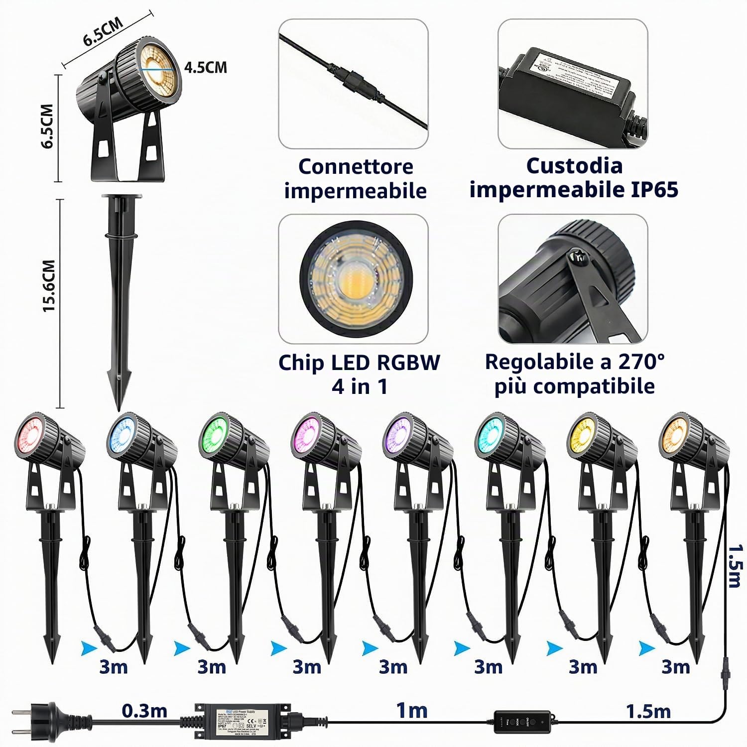 8 faretto da giardino RGBW 24V 24W con telecomando e funzione di temporizzazione, Bluetooth APP Faretto da giardino a LED con picchetto, luci da giardino per esterno IP65, illuminazione stradale