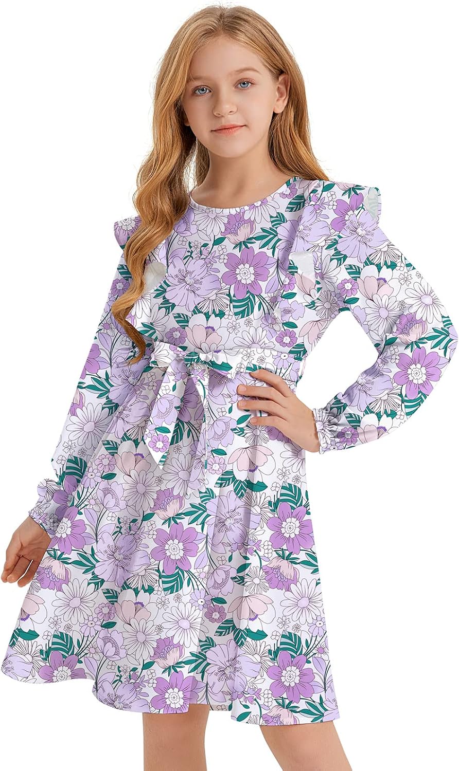 Quedoris Girls Ruffle Trim Dress Print and Solid Color A-line Swing Flared Belted Casual Party Dress with Zipper