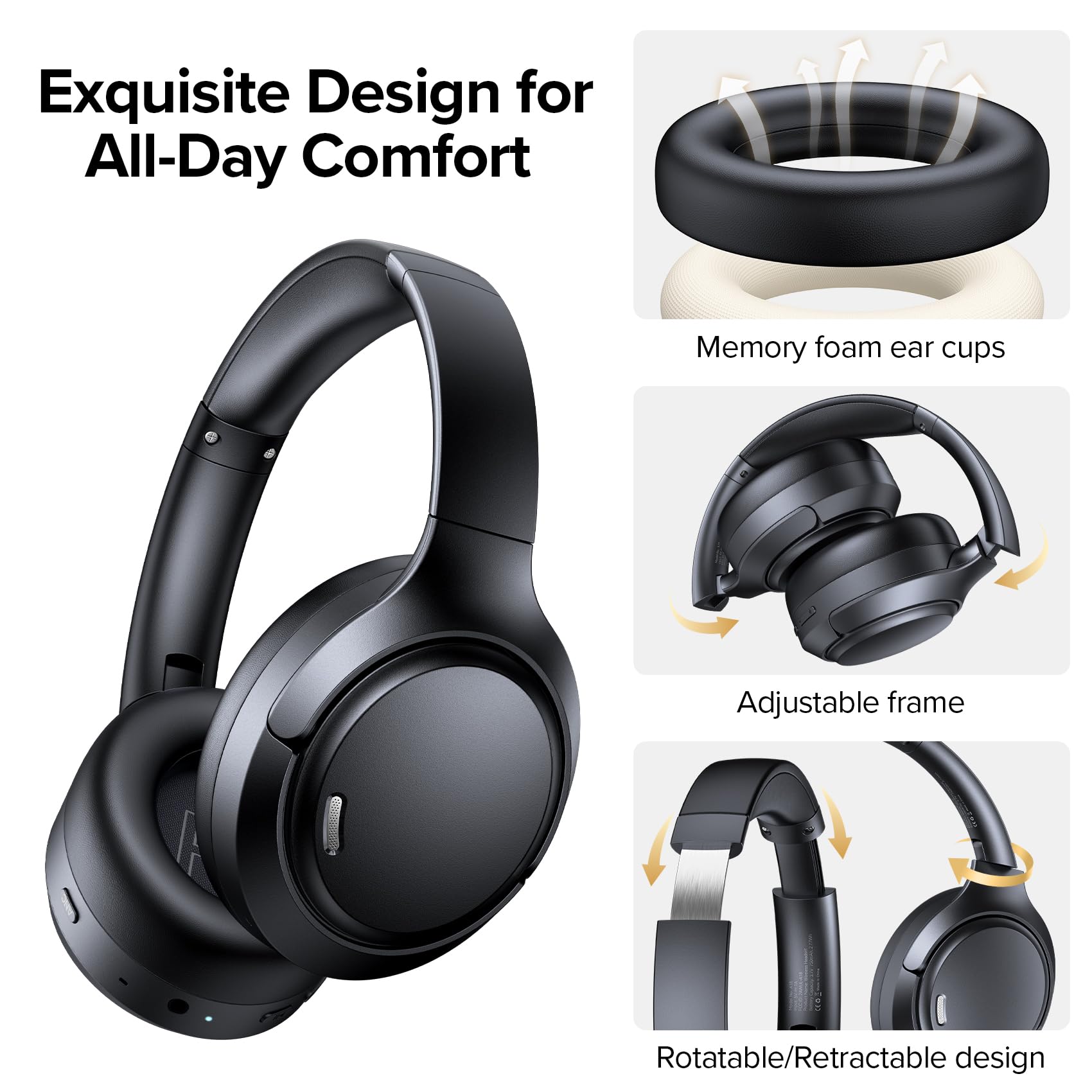 Hybrid Active Noise Cancelling Bluetooth 6.0 Headphones 120H Playtime 6 ENC Clear Call Mic, Over Ear Headphones Wireless with Hi-Res Audio Comfort Earcup Low Latency ANC Headphone for Travel Workout — view 6
