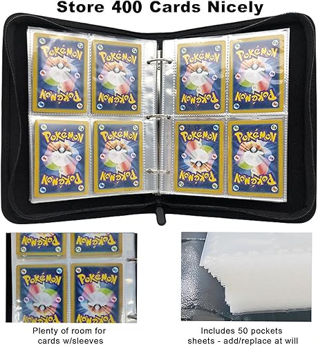Miniatura 2 de Carpeta de tarjetas coleccionables de 4 bolsillos, 400 bolsillos para tarjetas de Pokémon con cremallera, 50 fundas compatible con tarjetas