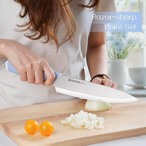 Miniatura 2 de Astercook - Juego de cuchillos de cocina con bloque y afilador de 15 piezas. Cuchillos alemanes de acero inoxidable de alta carbono con Azul