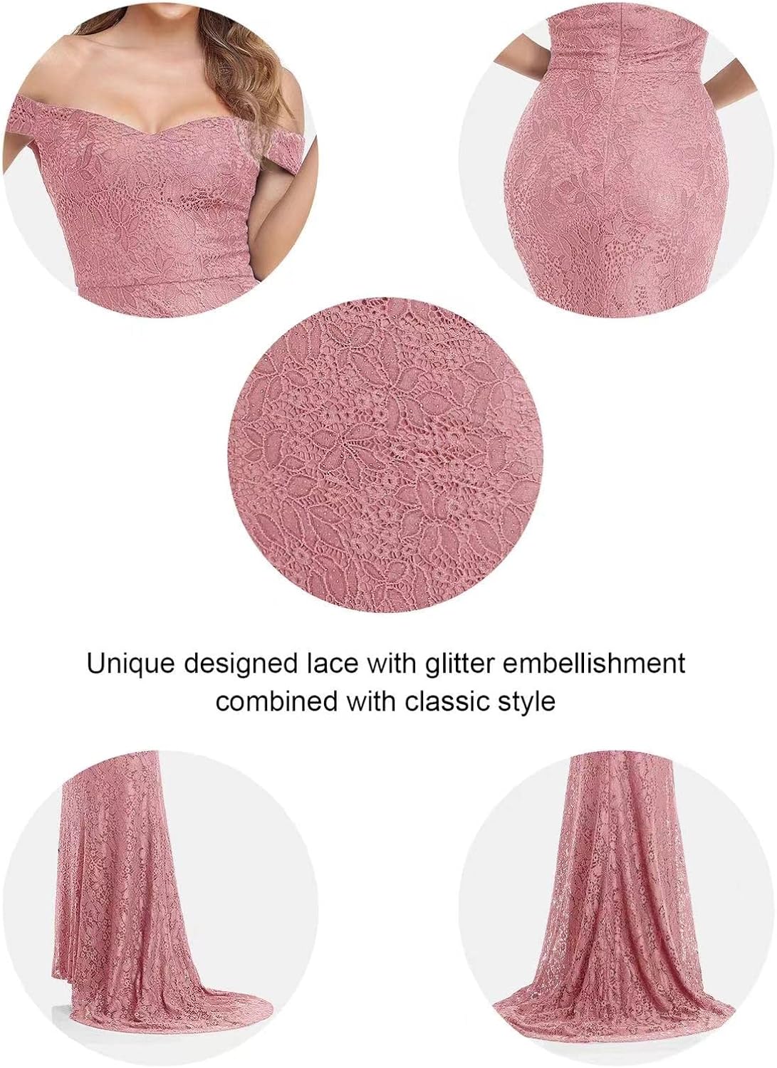 VK Selec Women's Vintage Off Shoulder Floral Lace Glitter Prom Evening Cocktail Maxi Long Dress Unique high Low Hem