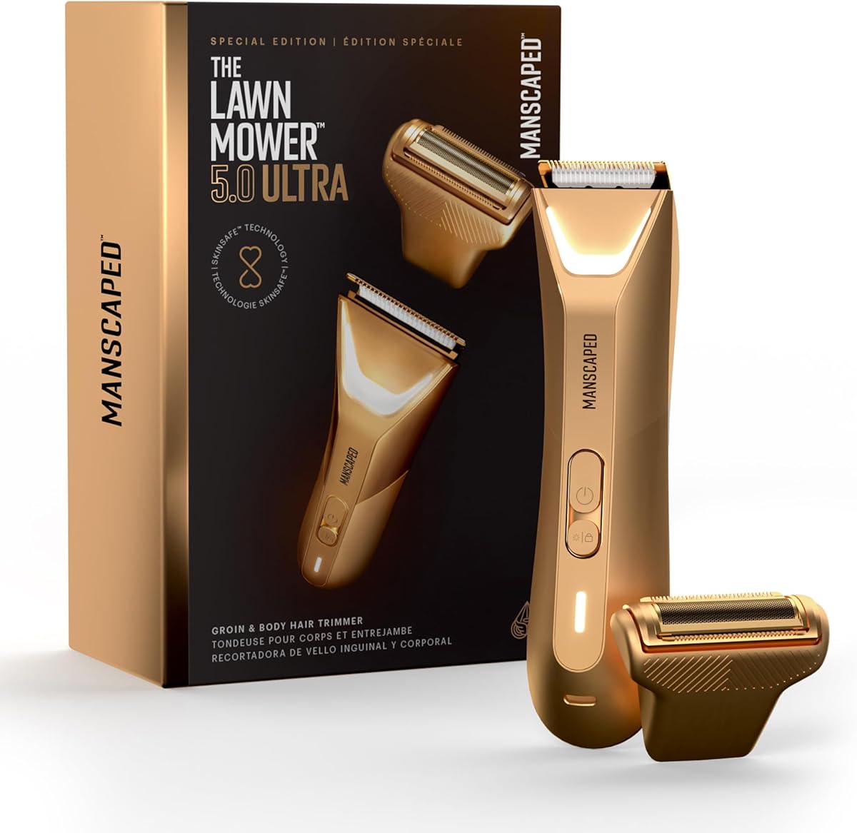 The Lawn Mower® 5.0 ULTRA de MANSCAPED® Tondeuse Corps & Zone intime SkinSafe® pour Homme – Deux têtes de rasage, Tonte & Rasage de près, Étanche, Recharge USB, Étui de protection, Forged Gold