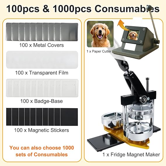 DIY Button Maker Machine - 50mm Square Pin Maker,with 100 Consumables for Custom Badges, Fridge Magnets, and Photo Stickers
