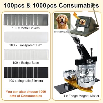 DIY Button Maker Machine - 50mm Square Pin Maker,with 100 Consumables for Custom Badges, Fridge Magnets, and Photo Stickers