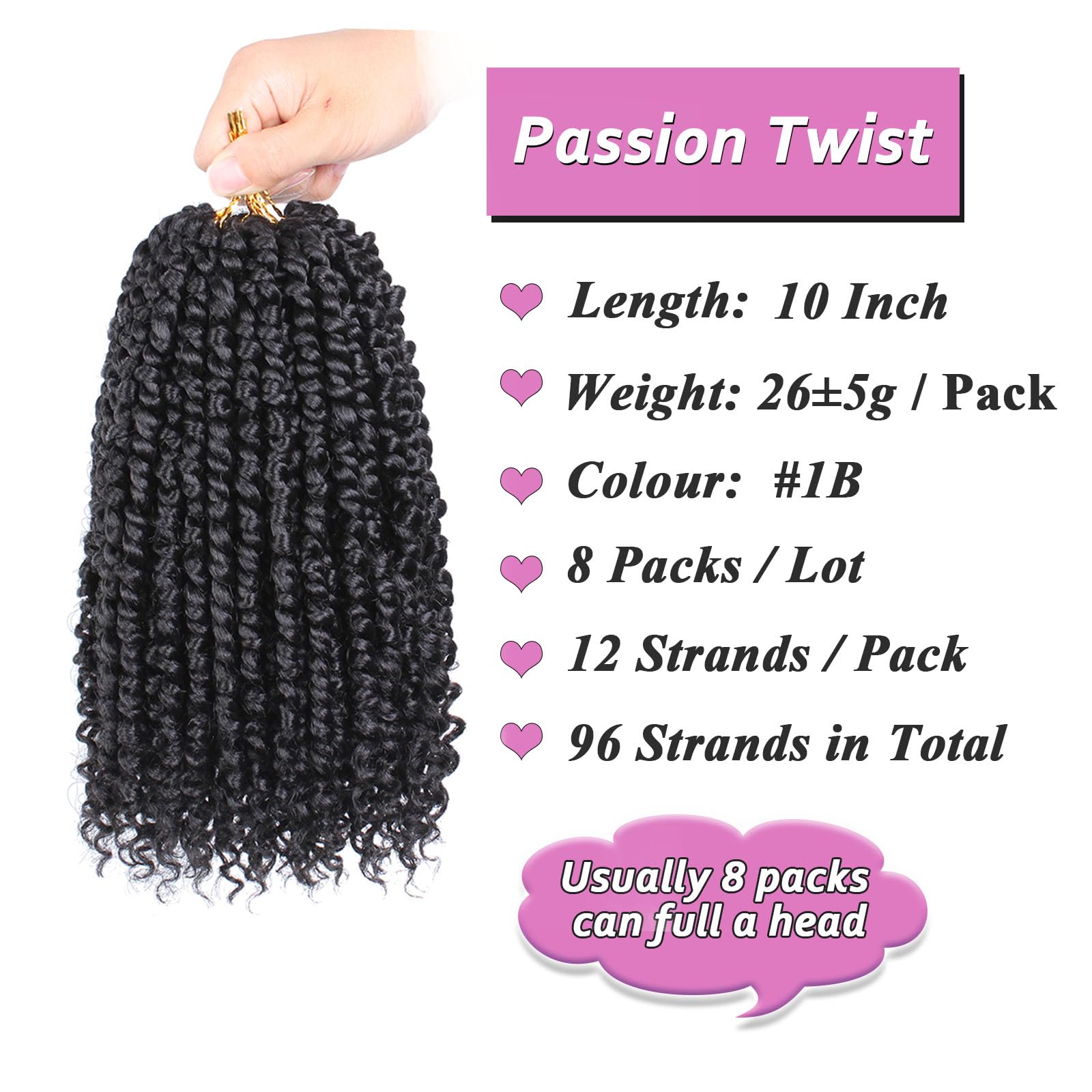 Samtress 10 Inch Passion Twist Crochet Hair 8 Packs Short Pre-twisted Passion Twist Hair Water Wave Crochet Braids Synthetic Black Prelooped Curly Twist Braiding Hair Extensions for Women (#1B) - Image 2