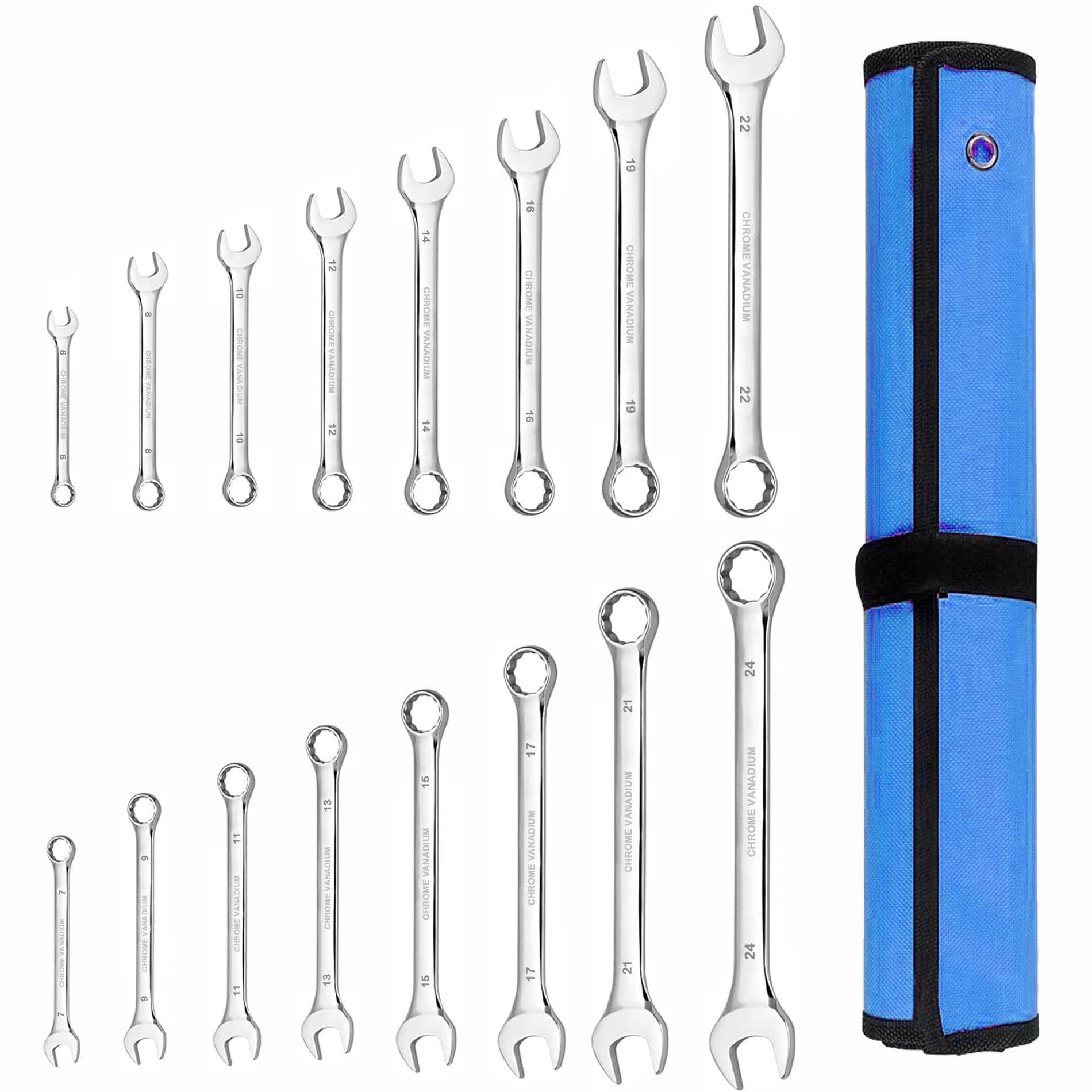 KEWAYO 16 Pieces Combination Wrench Set, 6-24mm Metric Industrial Grade Cr-V Steel Gear Spanner with 12-Point Design, 15-Degree Offset