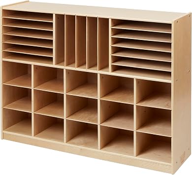 Back2School Express 32 Compartment Rolling Storage Cabinet - Classroom Cubby Organizer for Teachers, Daycare, Homeschool - Mobile Kids Furniture, Natural Wood