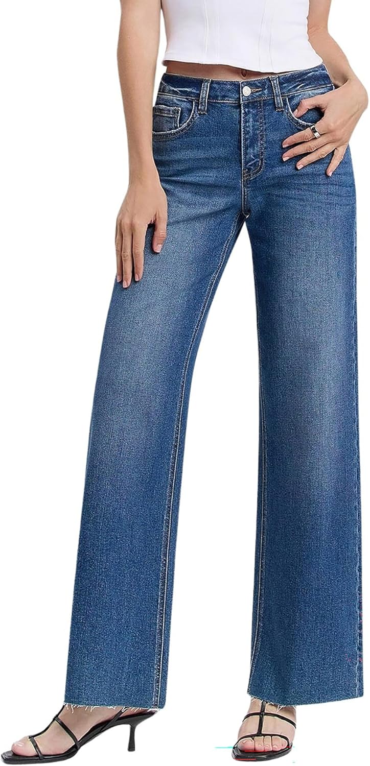 レディース ハイライズ クリーンカット ローヘム ワイドジーンズ