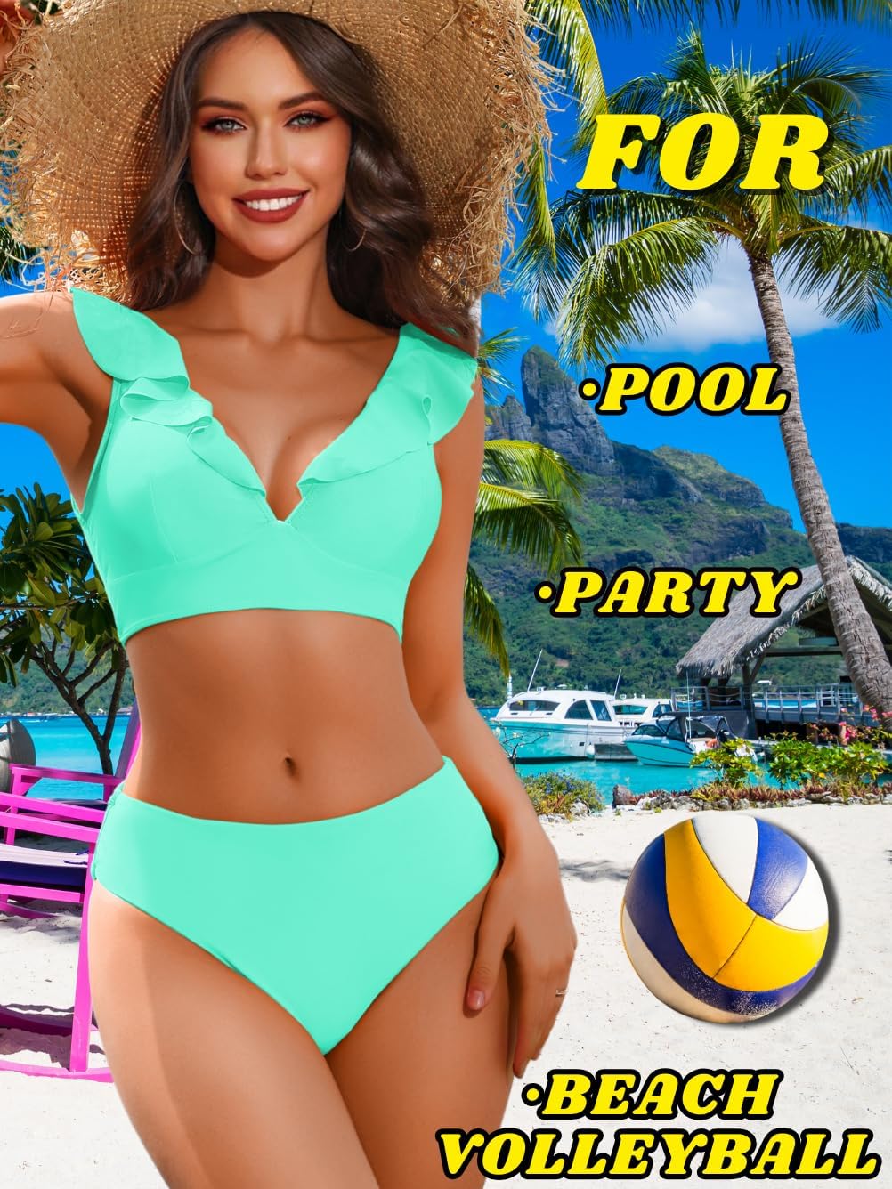 Kaei&Shi Ruffle Two Piece Swimsuit for Women,Cheeky Bikini Sets,Full Coverage Bathing Suit