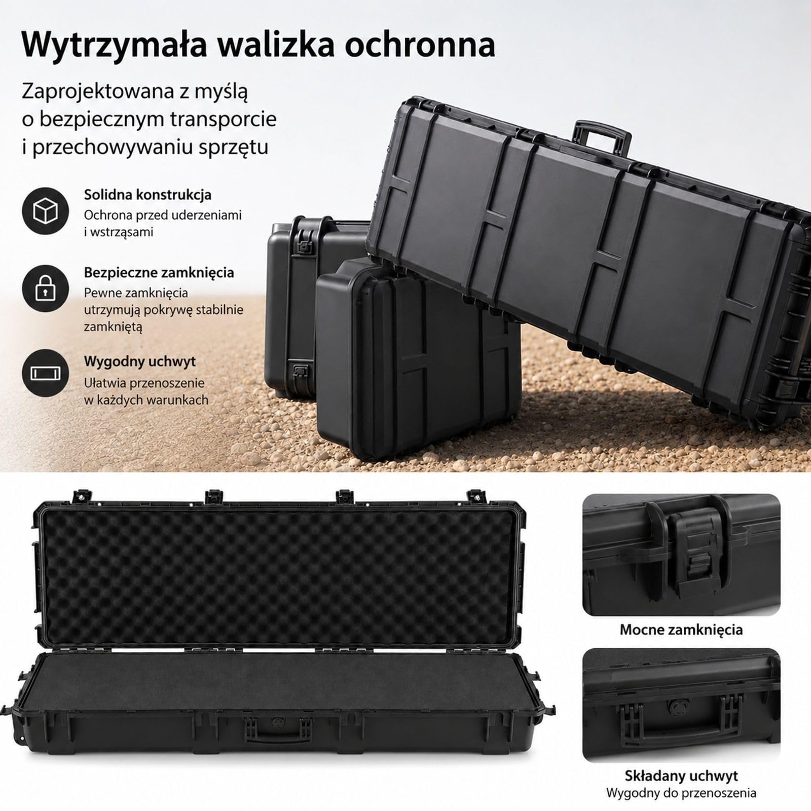 Sztywny futerał na długą broń, zamykany, z wyciętą pianką, kółkami, czarny