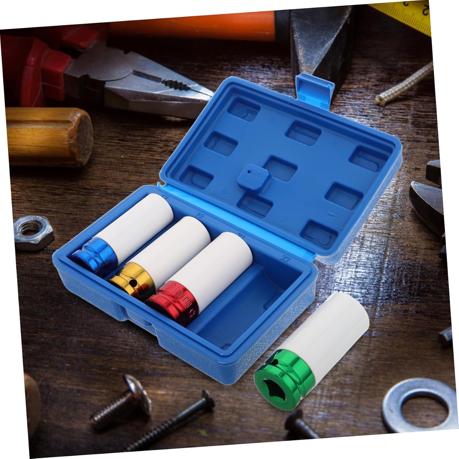 BESTYASH 4pcs Tire Repair Tool Set Non-marring Thin Wall Lug Nut Socket Wheel Rim Protectors Color-coded Sleeves for Pneumatic Tools Convenient Storage Box Included