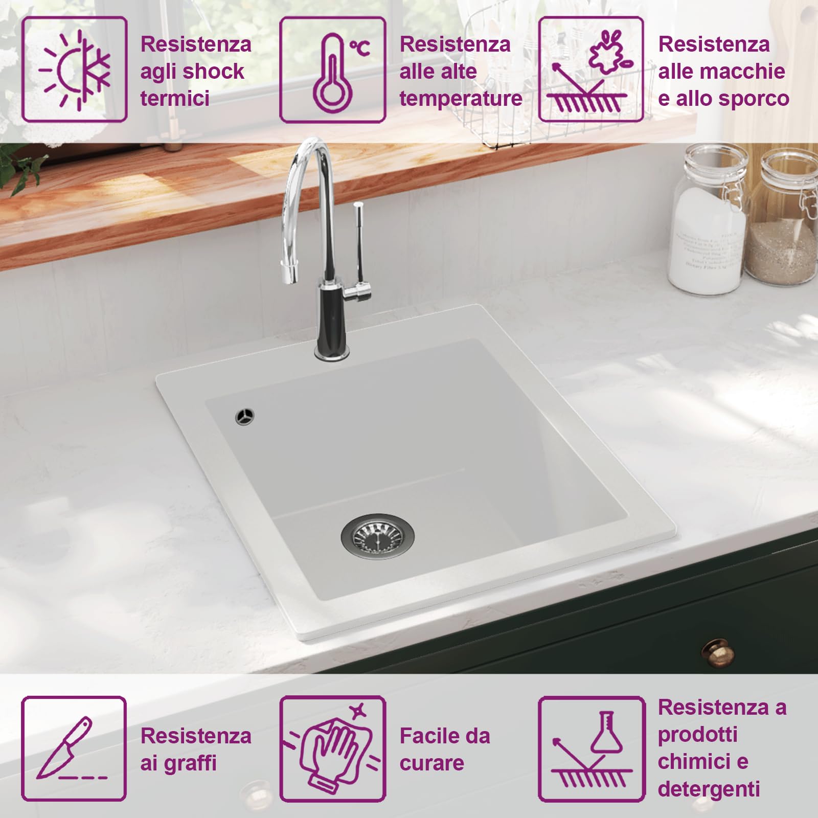 vidaXL Lavandino Cucina Granito 1 Lavello ad Incasso Bianco