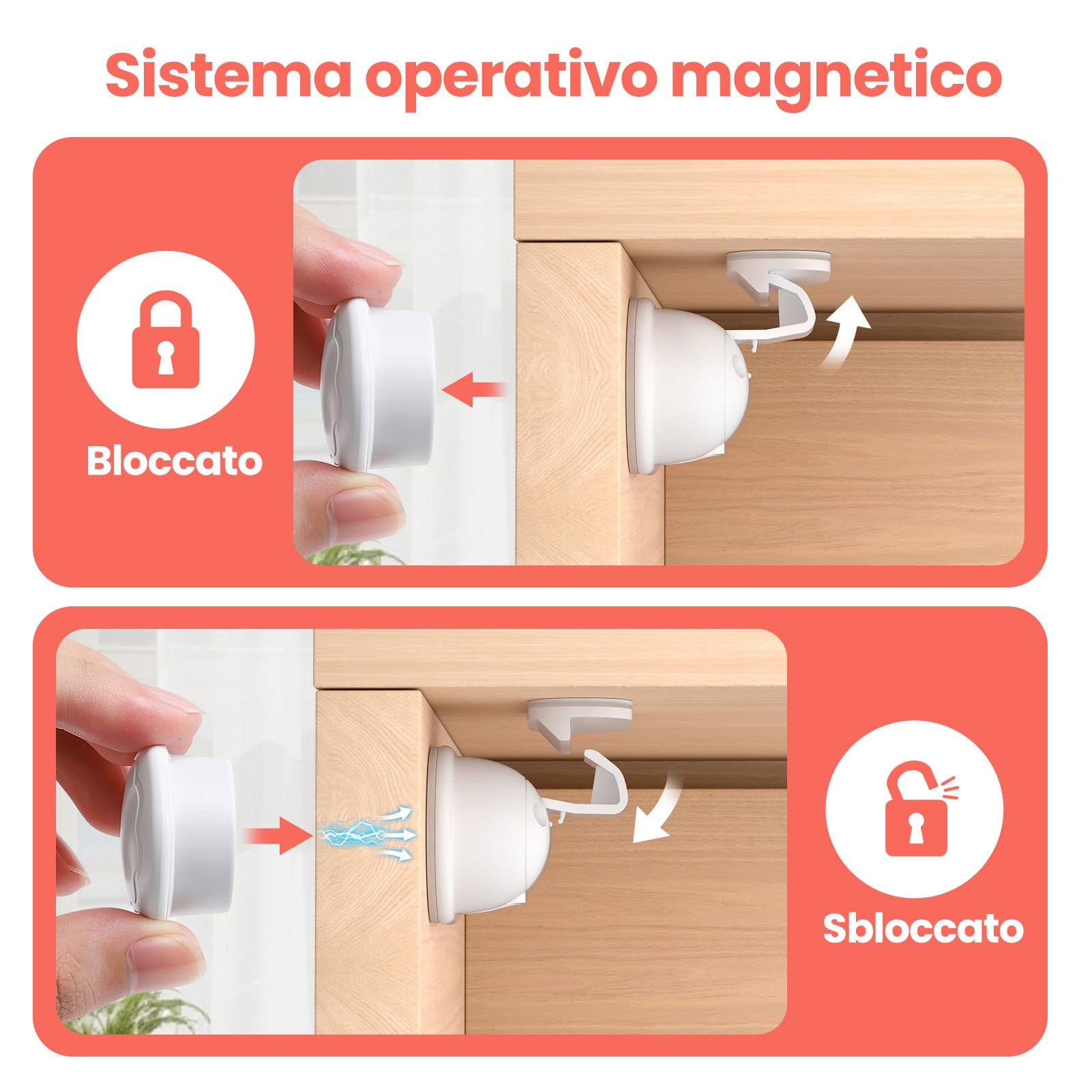 REDTRON Serrature magnetiche anti-bambino senza foratura, design invisibile, set 20 serrature e 4 chiavi, serrature sicurezza per armadi cucina, bagno, camera, soggiorno (bianco)