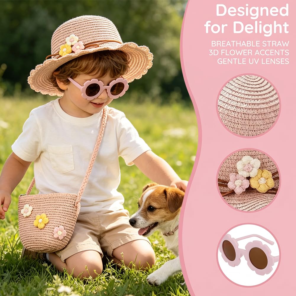 Sombrero de Paja Niñas, Gorra de Sol Chica y Bolsa de Paja Set Gorro de Playa Gafas de Sols Playa de Verano Sombrero Mini Bolsa Cruzada de Pajas Sombreros para Viaje Beach Piscina(Rosa)