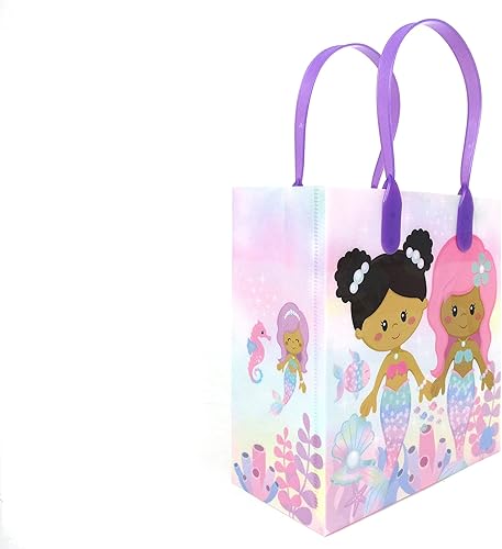 Miniatura 7 de TINYMILLS Paquete de 12 bolsas de regalo de Sirenita arcoíris con asas para fiesta de cumpleaños de sirenita