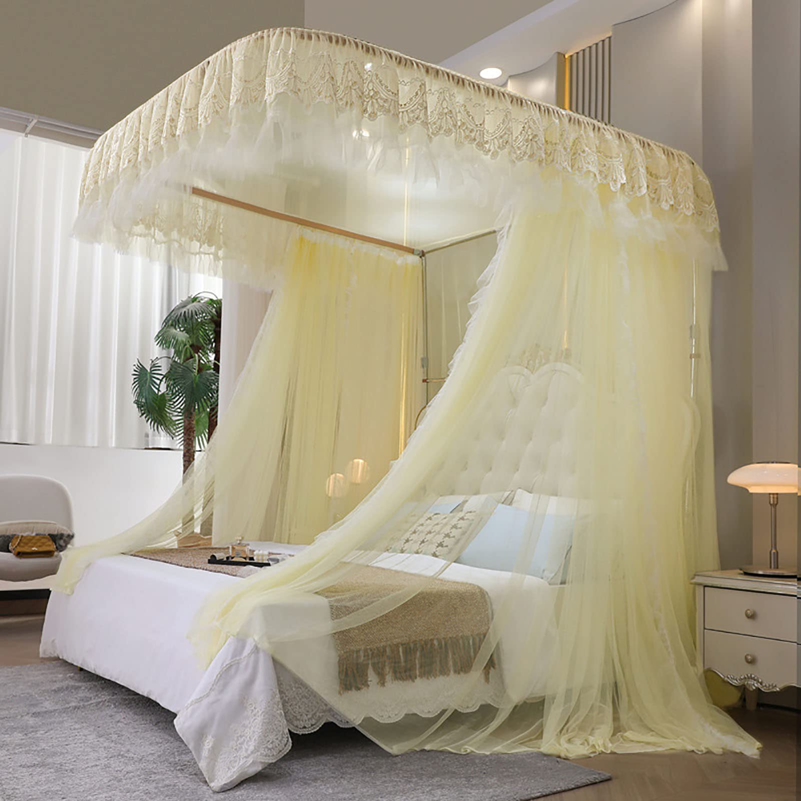 Moustiquaire de lit à baldaquin chic avec dentelle et cadre métal