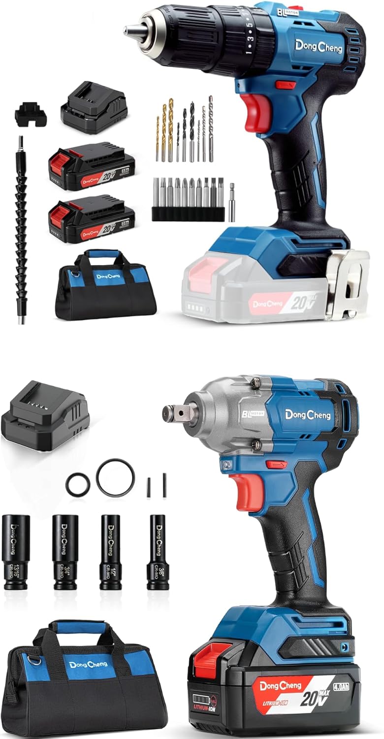 Dong Cheng 20V Brushless Heavy-duty Impact Drill, 443 in-lbs & 20V Brushless Impact Wrench, Max Torque 360 ft-lbs (488N.m)