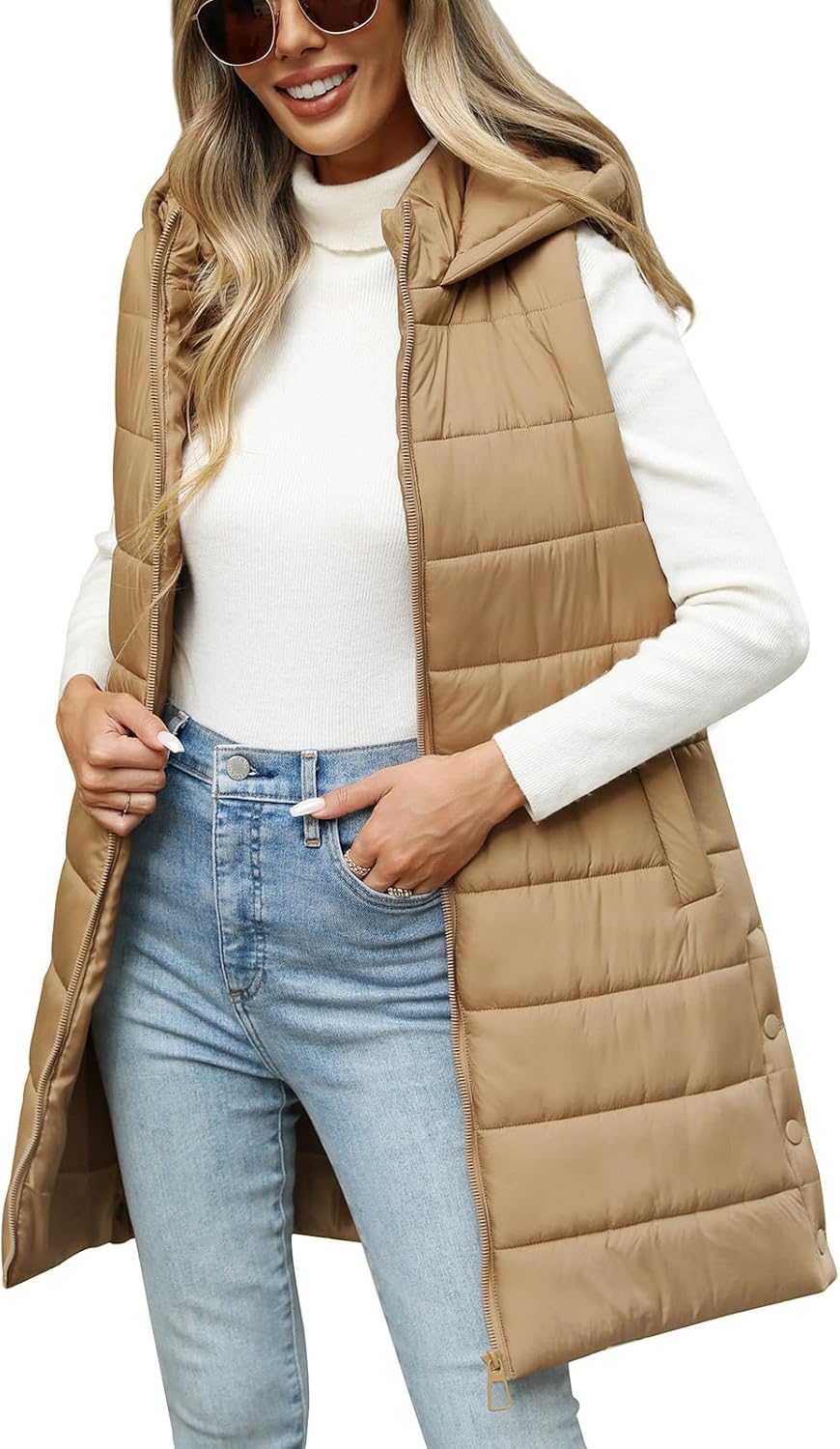 Yusongirl Puffer Vest for Women Long Hooded Lightweight Puffy Jacket Warm Sleeveless Fall Winter down Coat Outerwear