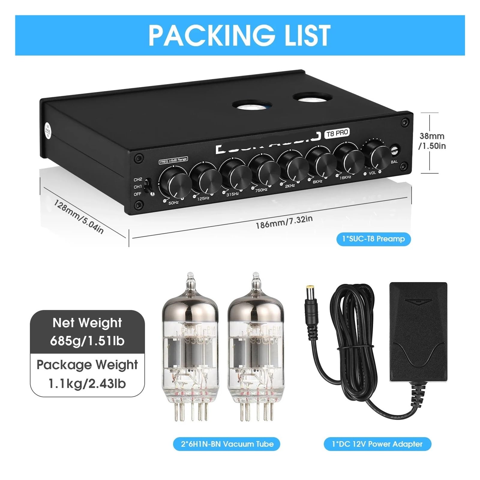 T8PRO HiFi Tube Stereo Balanced XLR/Preamplifier 7-Band EQ Equalizer Speaker with Tone Control