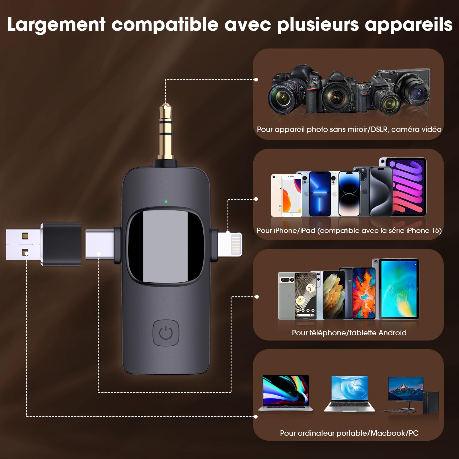 HMKCH Double Micro Cravate sans Fil pour iPhone Android Caméra Ordinateur Portable PC, Microphone Revers sans Fil 4 en 1 pour Enregistrement Vidéo, Vlog, Youtube, TikTok