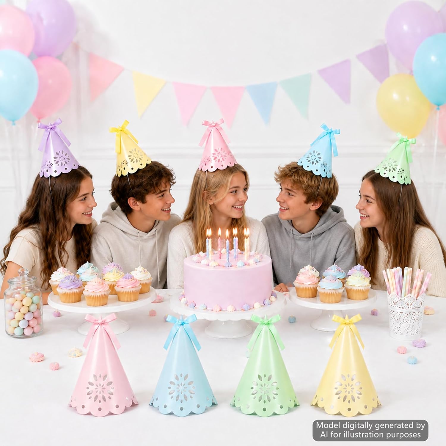 24 Pcs Pastel Birthday Party Hats 4.4 X 6.3 Inches Colorful Cone Hats with Bows and Elastic String Thick Paper Headwear Supplies for Baby Shower Birthday Bridal Wedding Party Decoration Photo Props