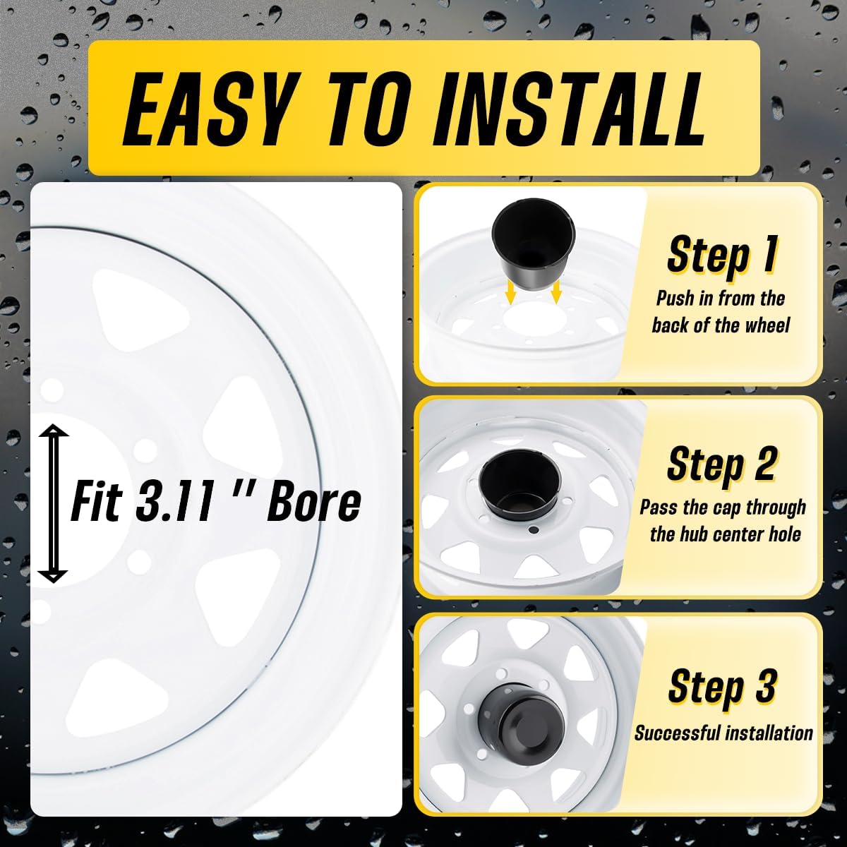 2Pcs 3.11" Push Through Wheel Center Cap Stainless Trailer Hub Cap for Truck SUV RV Wheel Rim (Fit 3.11" Bore 2.35" H Matt Black)