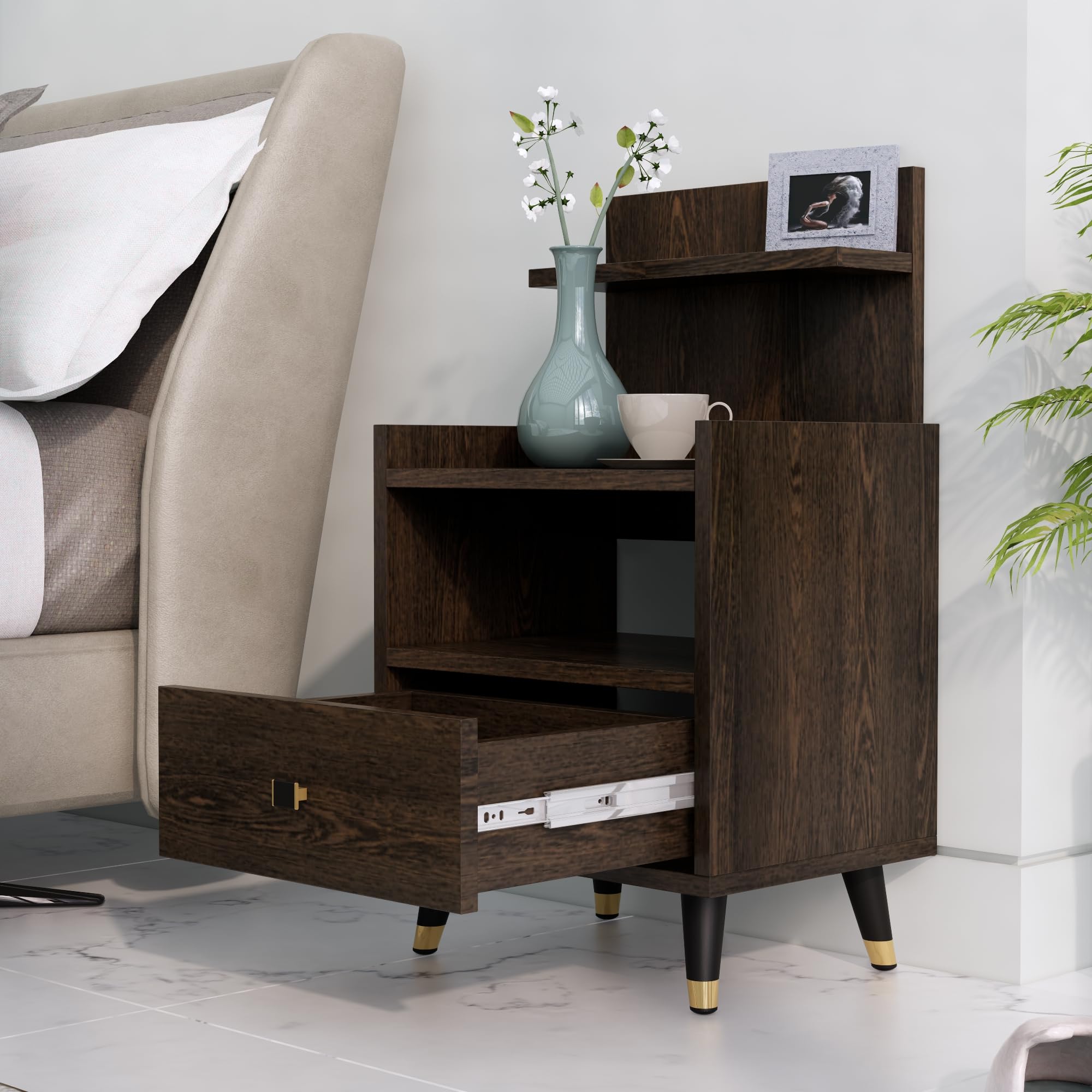 Hexa RedHexa Red Bed Side Table with 1-Drawer, Nightstand, Metal Legs, Bedside Table for Bedrooms, Drawer Storage Cabinet for Living Room Furniture (Flower Wenge)-image-31