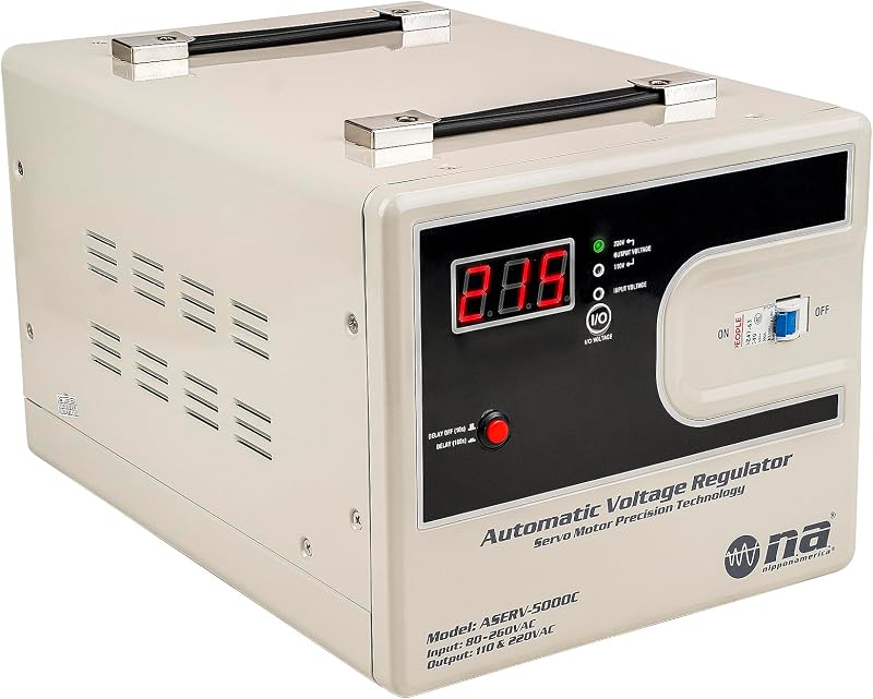 Nippon America Automatic Voltage Regulator (ASERV-5000C), 5000 Watts, Servo Motor Transformer, CPU Control Circuit, Delay Function, Multi-Protection, Power Switch, LED Display, Handle, 110V/120V