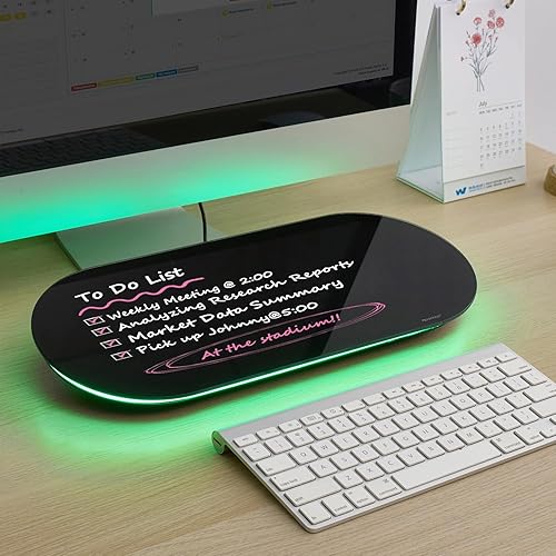 Vista 13 de TSJ OFFICE Pizarra blanca de escritorio de cristal, 17 x 7 pulgadas, pequeña pizarra de borrado en seco con luz azul, bloc de notas de superficie