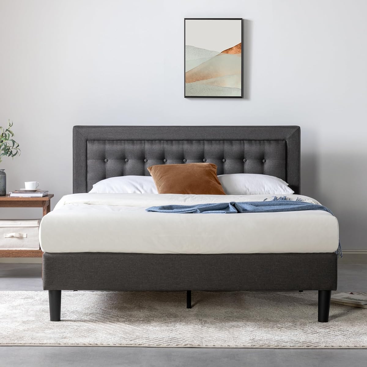 Zinus Dachelle Upholstered Platform Bed Frame, Mattress Foundation, Wood Slat Support, No Box Spring Needed, Easy Assembly, Dark Grey, California King