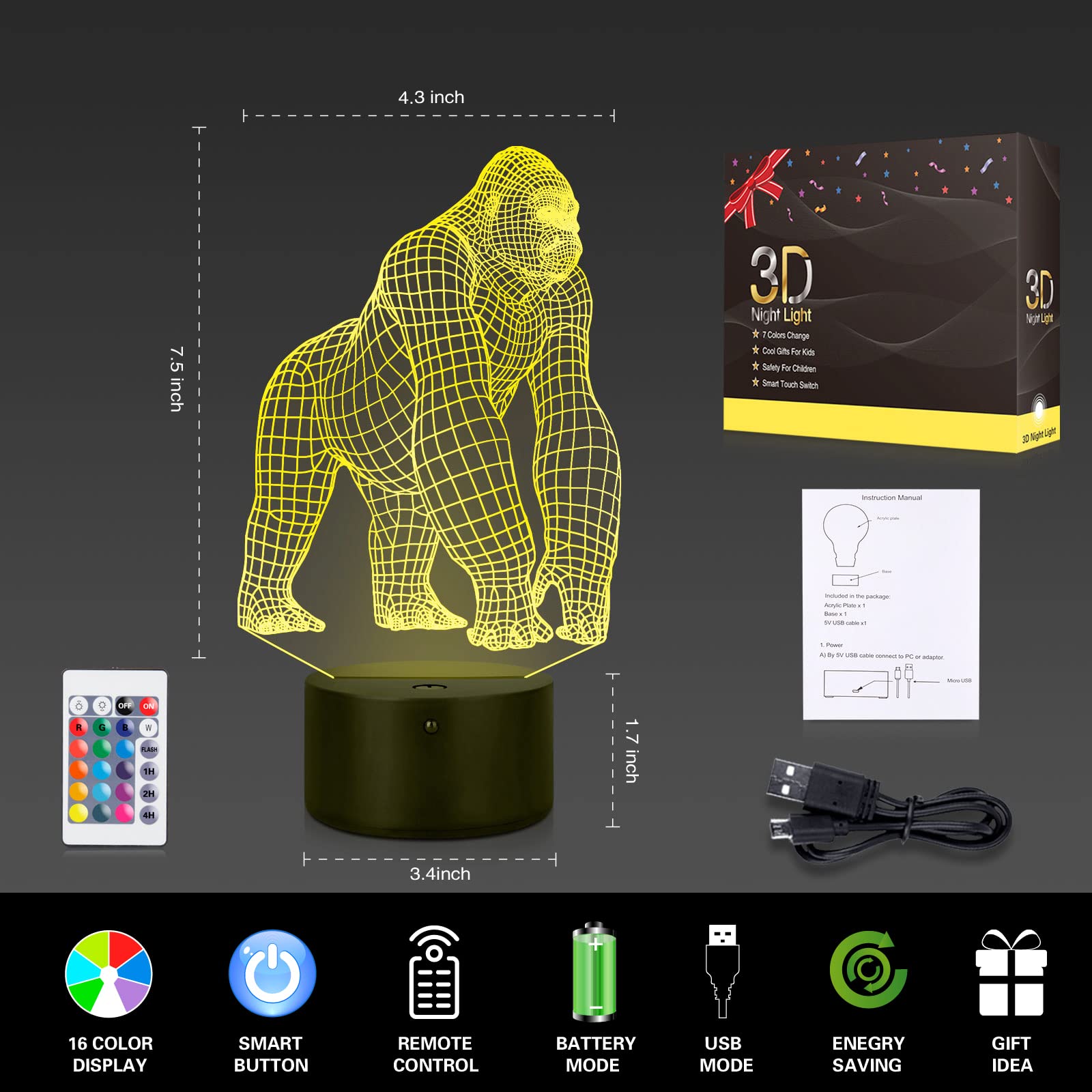 スマートフォンコントロール オランウータンゴリラチンパンジー 3d Ledusbナイトライトシージャンプシャーク子供のおもちゃギフト寝室装飾的な多色テーブルランプホームパーティー照明ケーブル Hqs6pkx9wy Www 4dgelateria Com Br