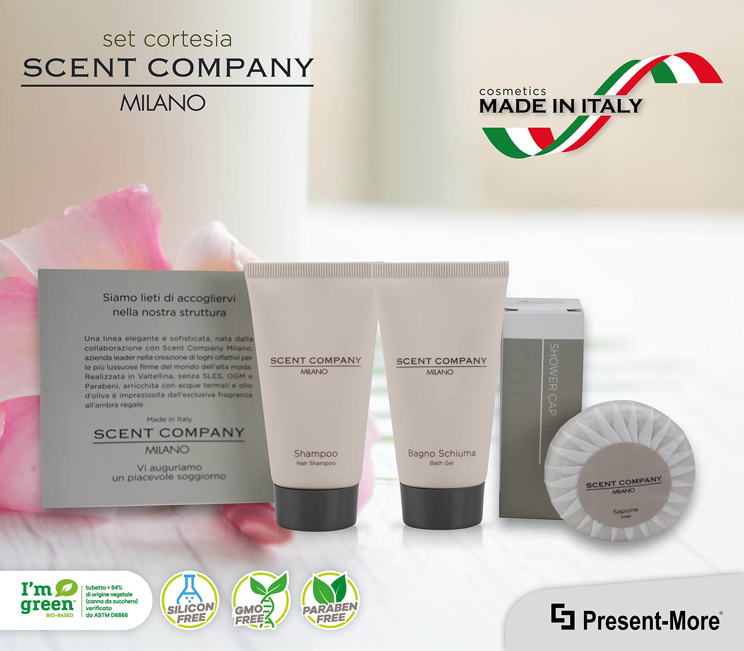 Present-More Amenities Kit Scent Company Milano - Toilettenartikel 15 Gäste für Hotels und B&B | Amenities Kit mit Duftnote Royal Amber
