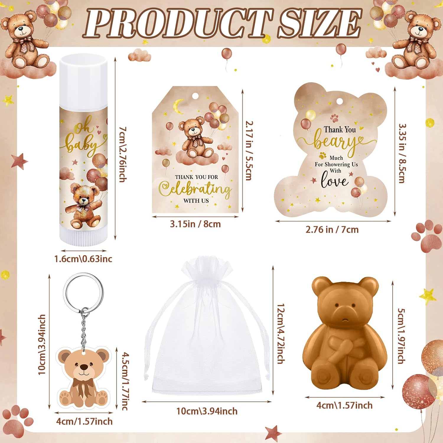 288 Baby Shower Favors Baby Shower Gifts Bulk Lip Balms Soaps Keychains Organza Bags Guest Appreciation Gift with Thank You Tags and Cards for Guest Gift(Brown,Bear)